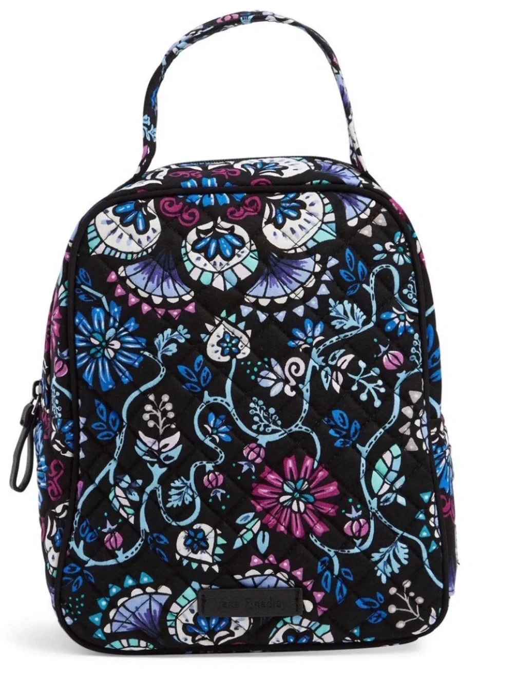 Quilted Floral Print Lunch Bag - Black with Blue & Purple Flowers